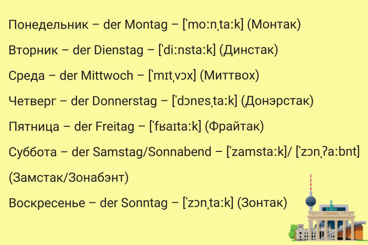 Дни недели на немецком языке с переводом на русский и транскрипцией